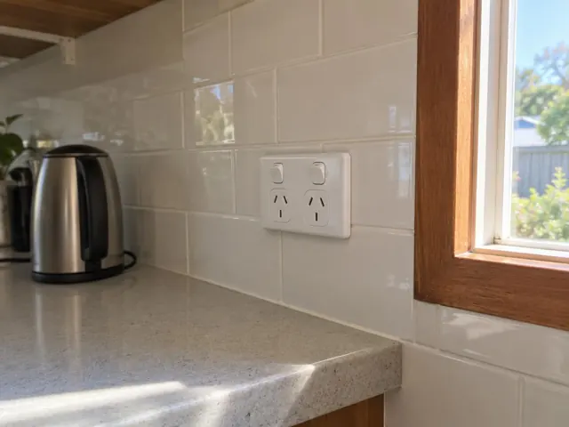 Double power point on tiled kitchen splashback above a benchtop in Wyee
